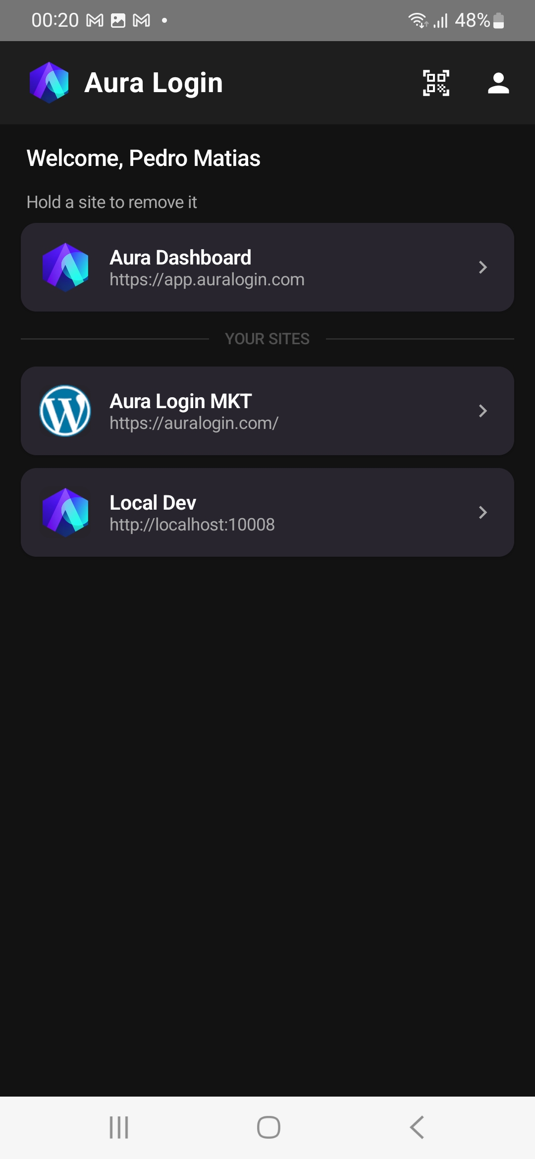 Access Glow app dashboard showing connected sites