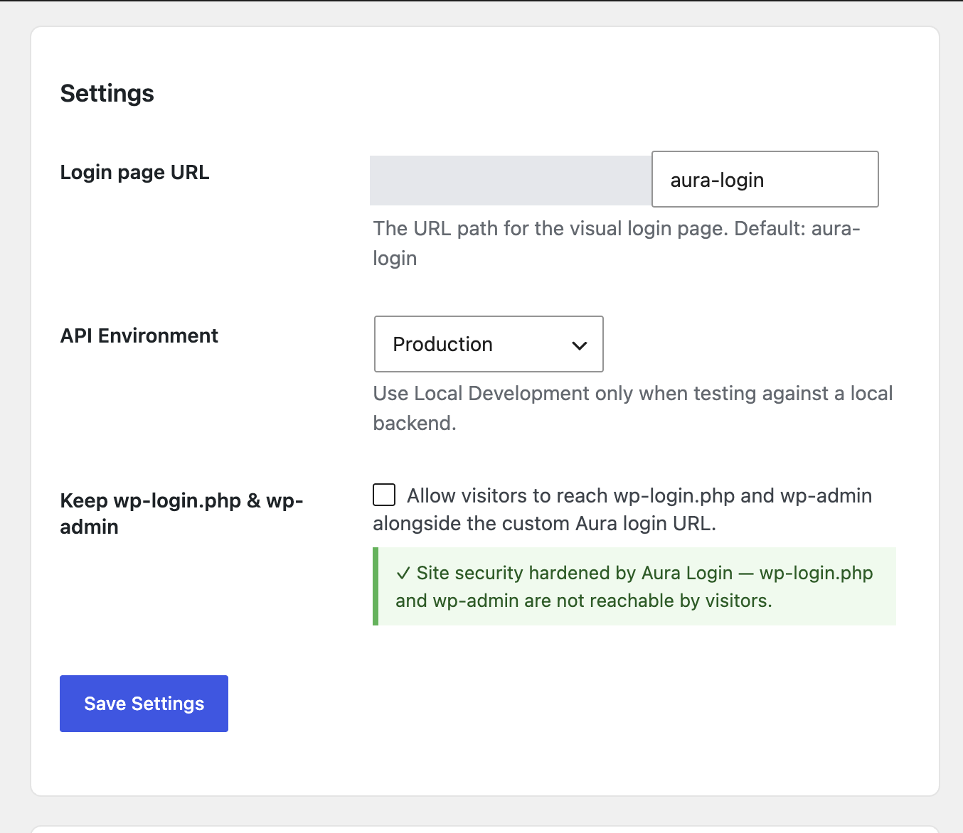 Access Glow plugin Settings screen showing the login URL slug and canonical endpoint options